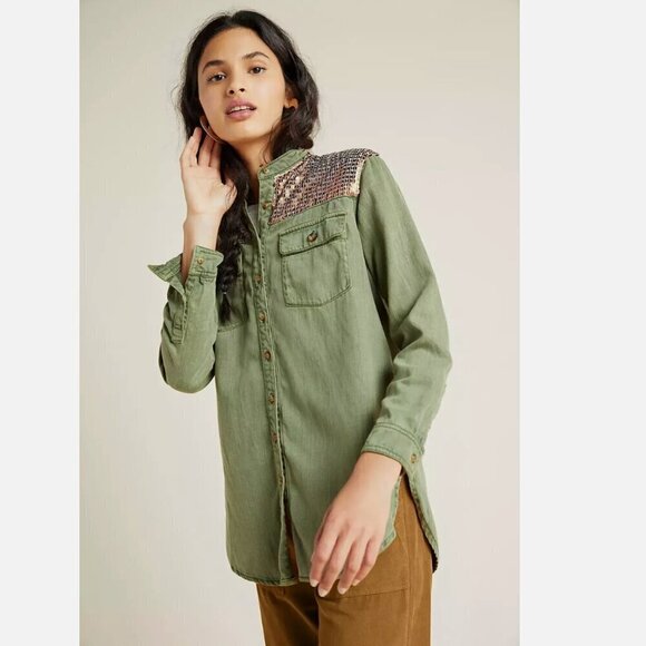 Anthropologie Olive Green Denim Button Down Shirt/Jacket Women’s Size 0 - Picture 11 of 13